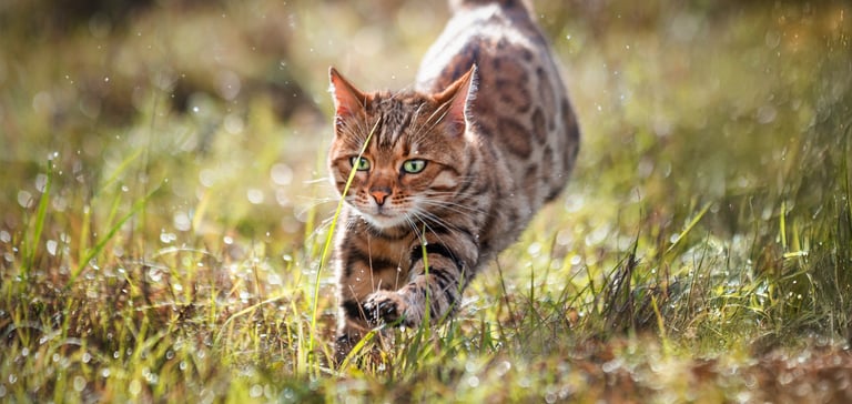 Bengal cat running through grass