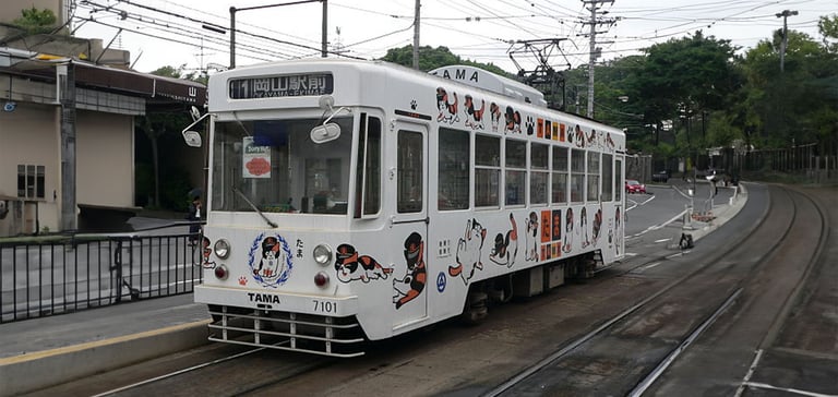 white tram with cartoon images of tama on