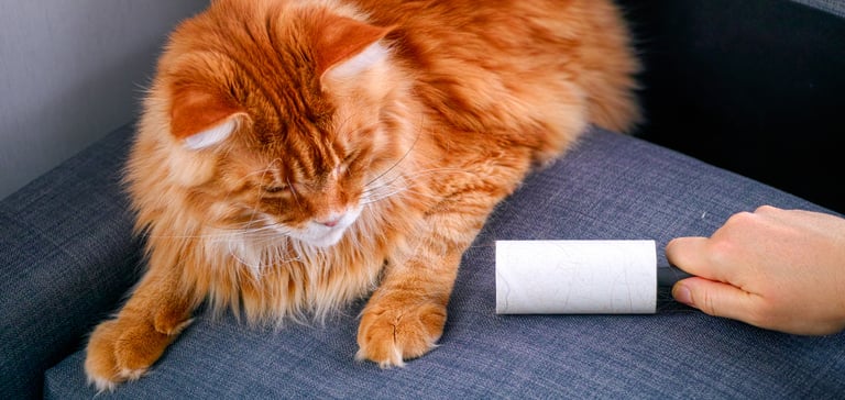 Ginger long haired cat with hair roller next to it on the couch