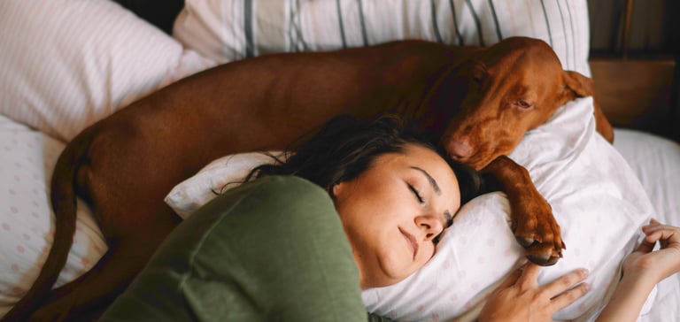 A woman laying in bed with her brown dog.