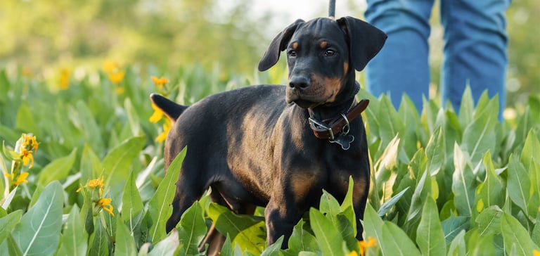 black puppy standing in a field on a lead with owner walking in front