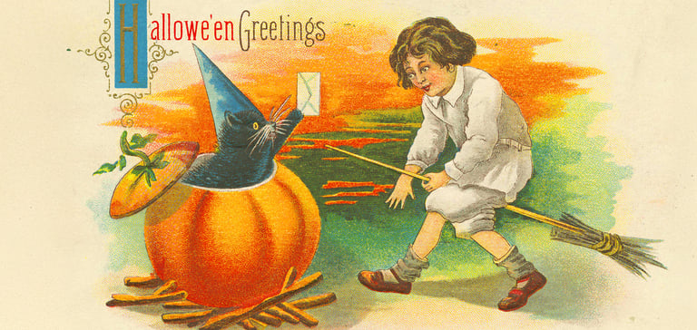 drawing of a black cat coming out of a pumpkin