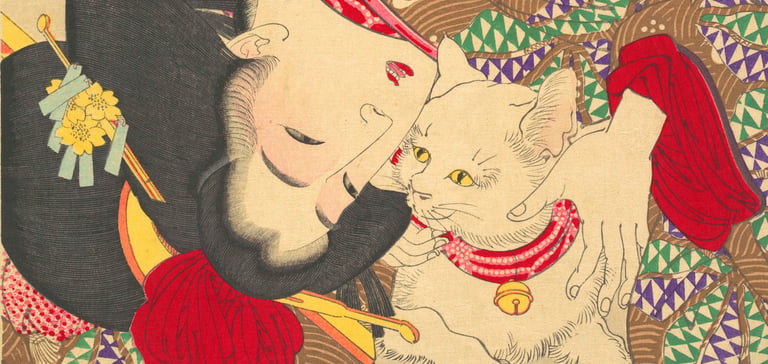 An ancient Japanese woodblock print of a woman in a kimono cuddling her white cat.