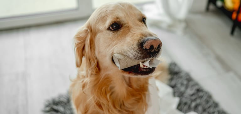 A Labrador sitting with a toilet roll tube in his mouth.
