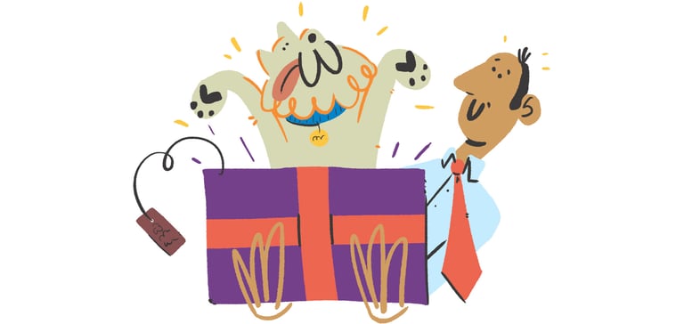 illustration of hachi jumping out of gift box