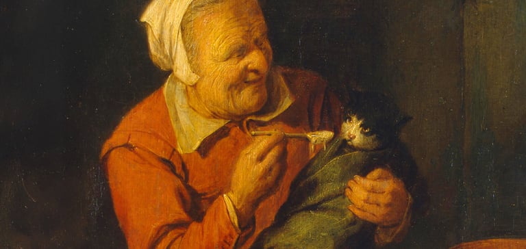 A painting of an old peasant woman feeding a cat with a spoon.