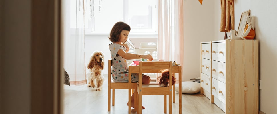 Child sitting drawing at a desk with Cocker Spaniel watching
