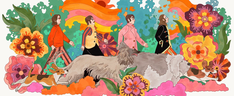A psychedelic illustration of the Beatles crossing Abbey Road.