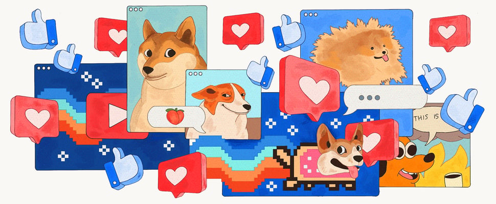 An illustration depicting dog memes of the late 2010s.