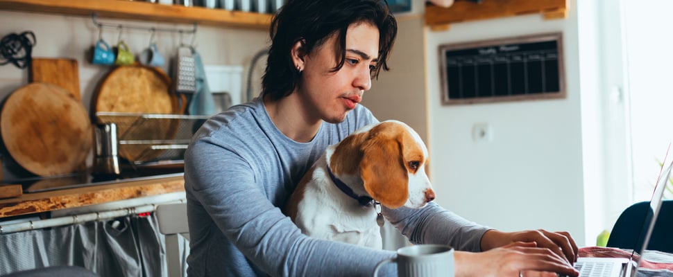 A man sitting at a dining table with a Beagle on his lap.