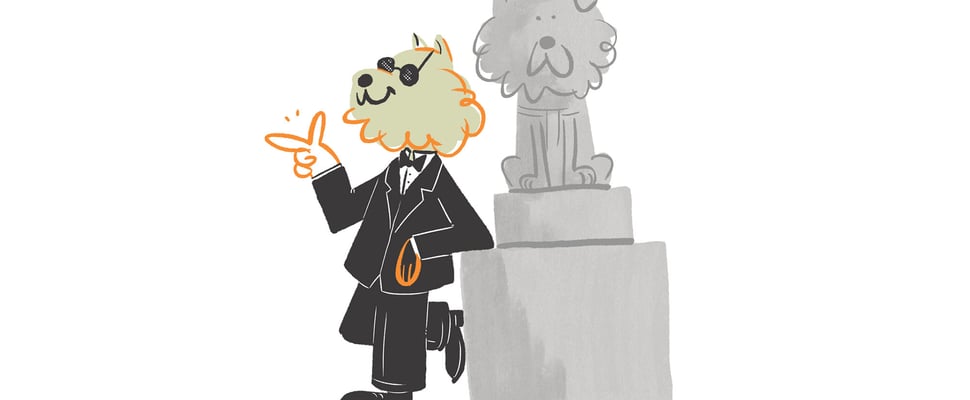illustration of hachi in a suit leaning against his own statue
