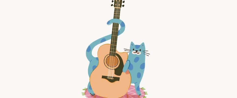 A blue spotted cat wrapping around a guitar.