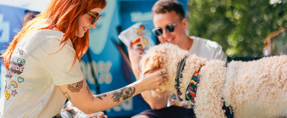 A man and woman crouching down to stroke a dog.