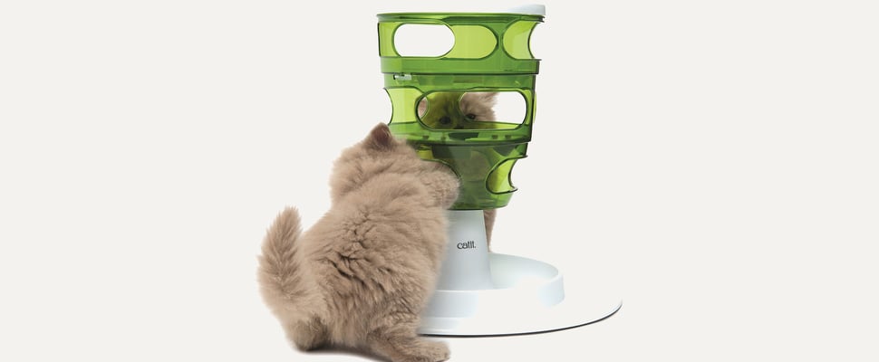 Promo image of a cat playing with a food tree.