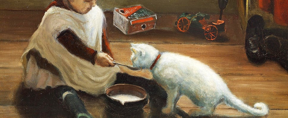 'A Small Girl Giving Milk to a Cat' by Adolph Larsen