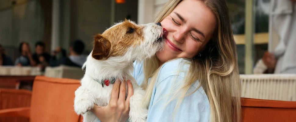 Puppy licking a woman's face