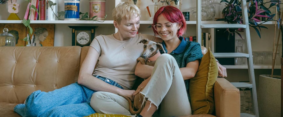 a couple with a dog 