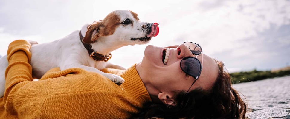 A happy woman with a white dog licking her face