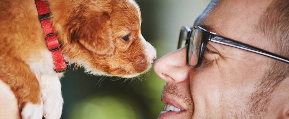 A man nose to nose with a puppy.