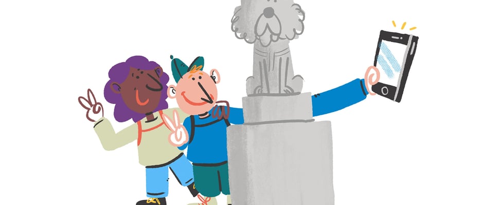 illustration of tourists taking a selfie at hachiko's statue