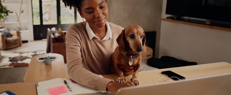 a woman at her computer with her dog