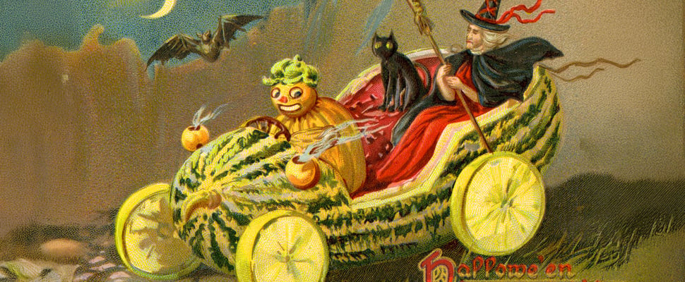 drawing of black cat and witch in car made of pumpkin