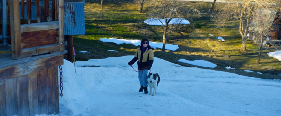 Daniel and Snoop walking in the snow.