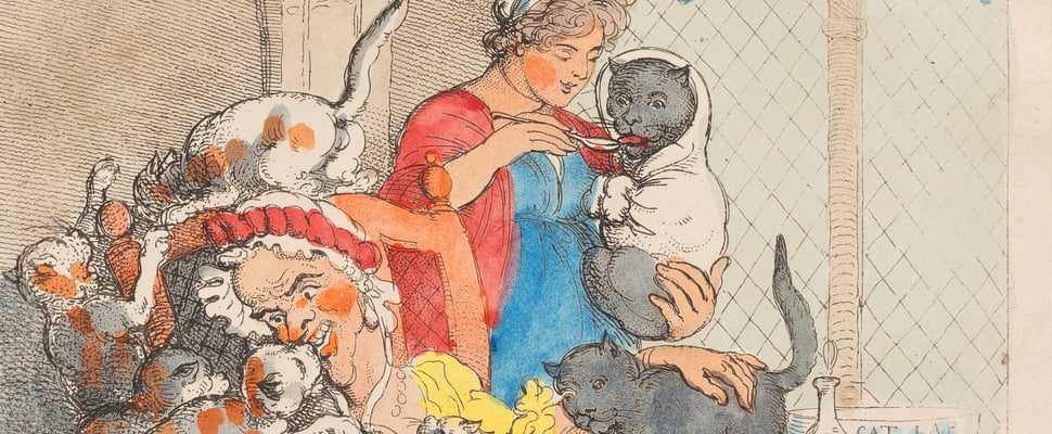 An old painting of a spinster and her cats.