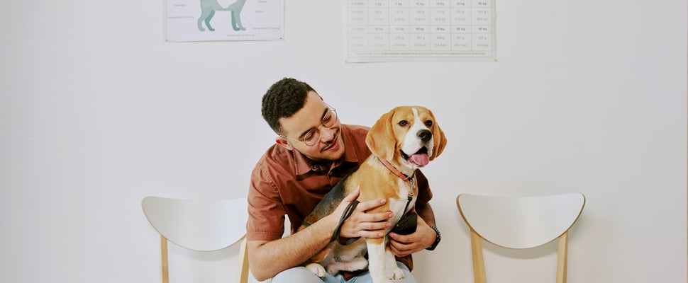 A man and his beagle sat in a vet surgery.