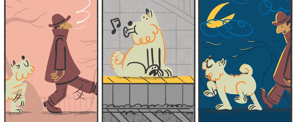 3 part illustration of hachi and ueno walking to and from train station