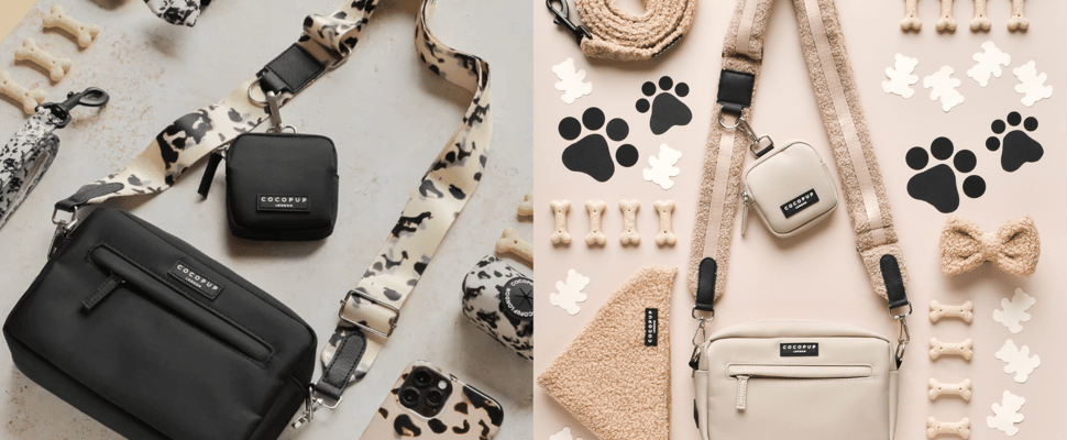A collage of 2 NAKD dog walking bags.