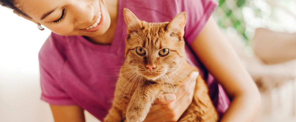 A woman smiling and looking down at her ginger cat.