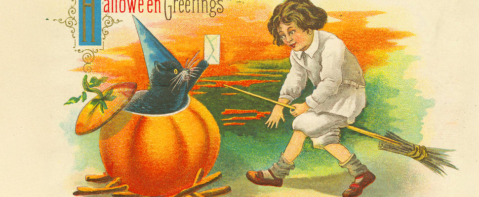 drawing of a black cat coming out of a pumpkin