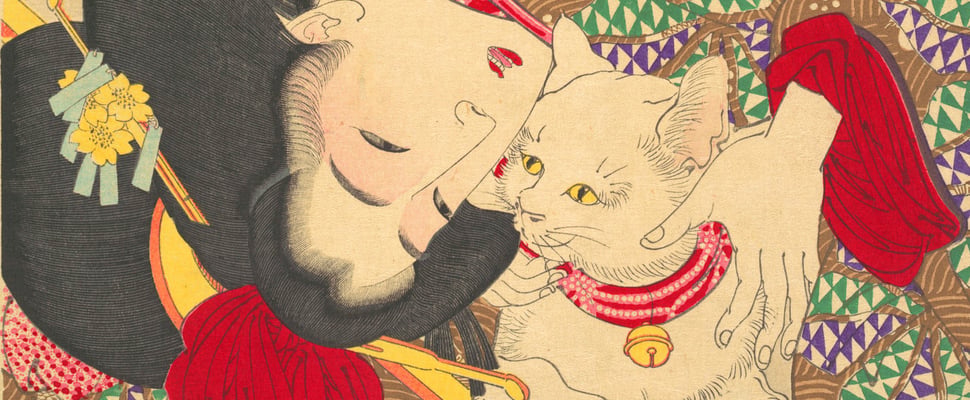 An ancient Japanese woodblock print of a woman in a kimono cuddling her white cat.