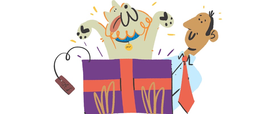 illustration of hachi jumping out of gift box