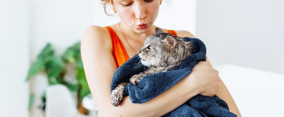 A woman holding a cat wrapped in a towel.